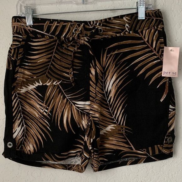 NWT Per Se Women's Black Brown Linen Blend Tropical Shorts Pockets Size S - Picture 1 of 12